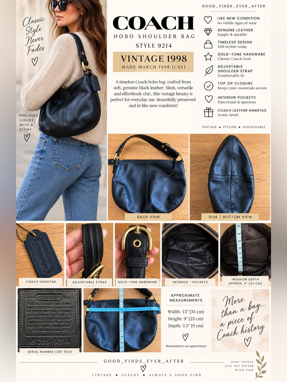Vintage 1998 Coach Black Leather Hobo Shoulder Bag–Style 9214–Gold-Tone Hardware